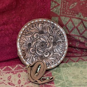 Beautiful Tooled canteen Leather and suede Crossbody Bag - Brown Floral Design